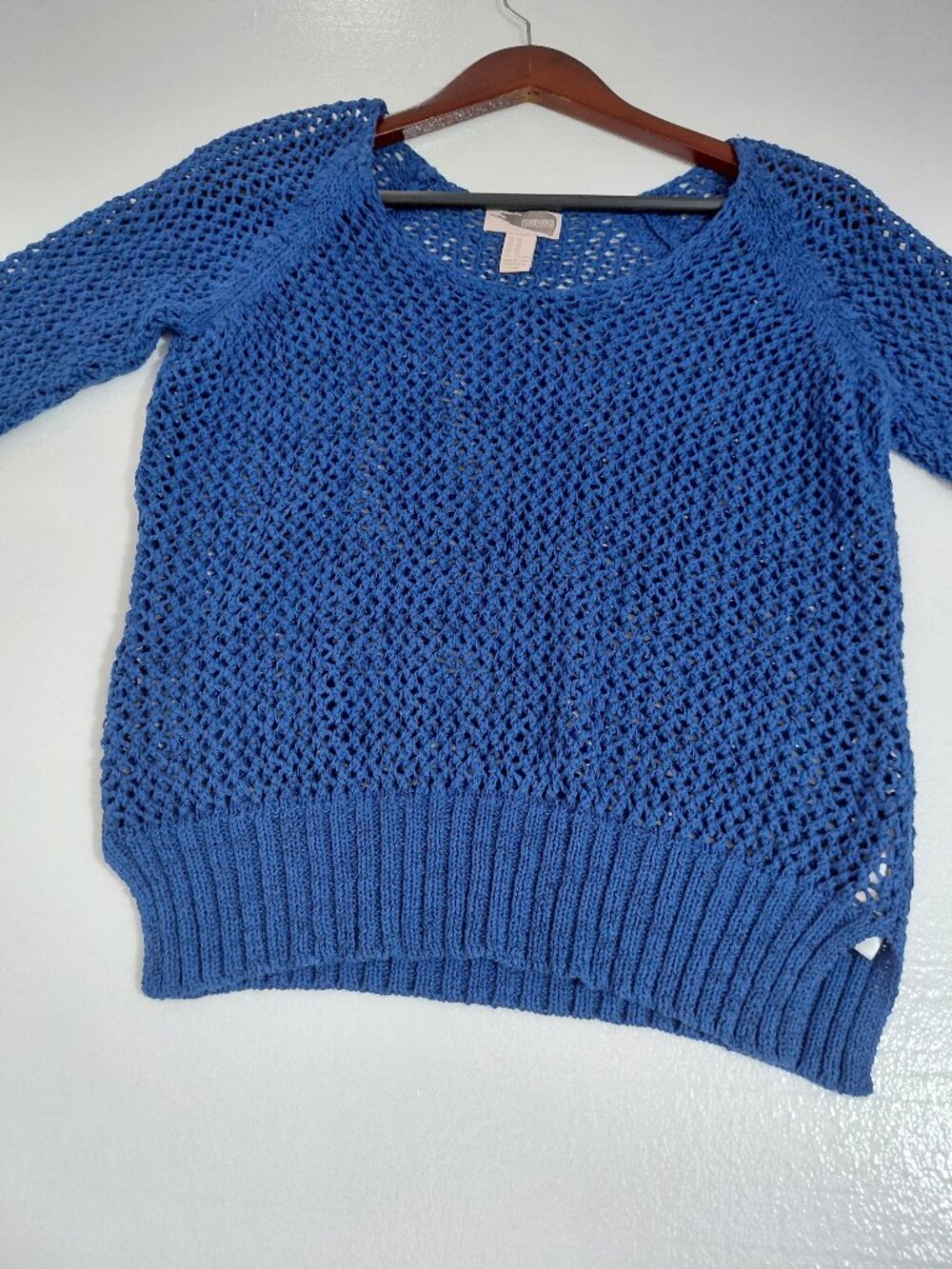 Forever 21 Blue Crochet Knit Short Sleeve Sweater Top